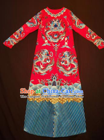 Chinese Traditional National Embroidered Red Robe Tang Suit Cheongsam Dress Costume for Women