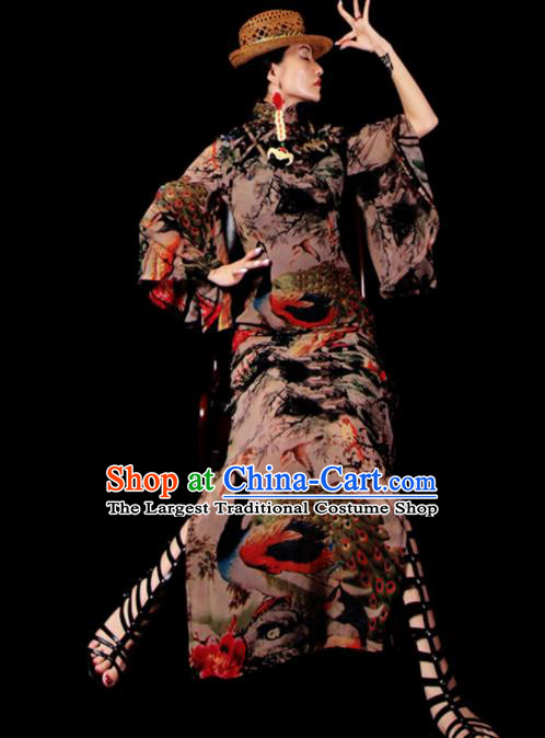 Chinese Traditional National Printing Peacock Brown Qipao Dress Tang Suit Cheongsam Costume for Women