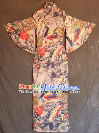Chinese Traditional National Printing Peacock Brown Qipao Dress Tang Suit Cheongsam Costume for Women