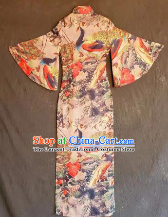 Chinese Traditional National Printing Peacock Brown Qipao Dress Tang Suit Cheongsam Costume for Women
