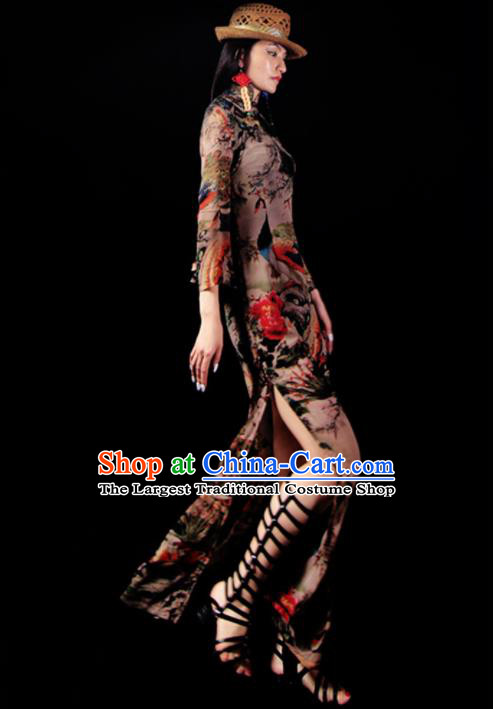 Chinese Traditional National Printing Peacock Brown Qipao Dress Tang Suit Cheongsam Costume for Women
