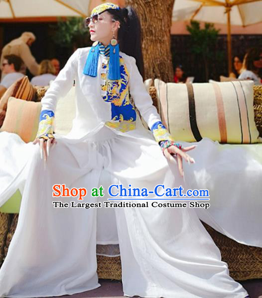 Chinese Traditional National Embroidered White Qipao Dress Tang Suit Cheongsam Costume for Women