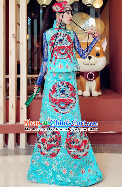 Chinese Traditional National Blue Brocade Vest and Skirt Tang Suit Cheongsam Costume for Women
