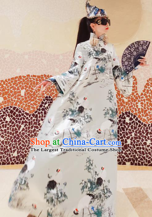 Chinese Traditional National Printing Crane White Brocade Qipao Dress Tang Suit Cheongsam Costume for Women