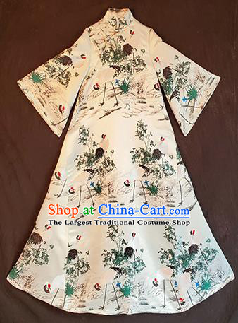 Chinese Traditional National Printing Crane White Brocade Qipao Dress Tang Suit Cheongsam Costume for Women