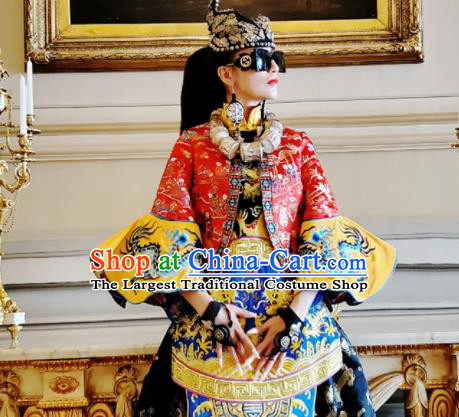 Chinese Traditional National Red Brocade Blouse and Dress Tang Suit Cheongsam for Women