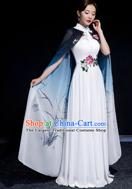 Chinese National Classical Dance Embroidered White Qipao Dress Traditional Compere Cheongsam Costume for Women