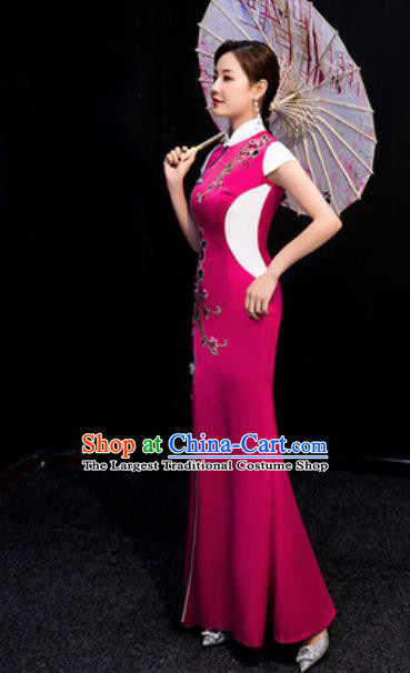 Chinese Compere National Embroidered Rosy Qipao Dress Traditional Cheongsam Costume for Women
