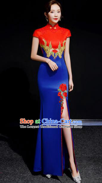 Chinese Compere National Embroidered Royalblue Qipao Dress Traditional Cheongsam Costume for Women