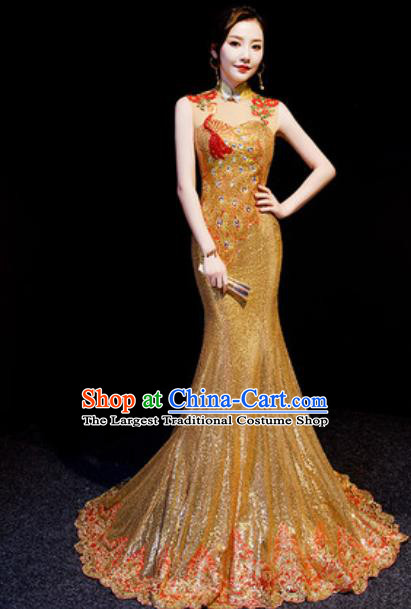 Chinese National Golden Sequins Trailing Qipao Dress Traditional Compere Cheongsam Costume for Women