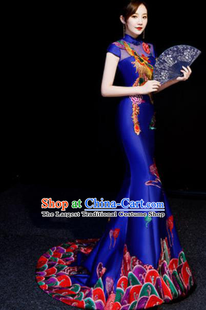 Chinese National Embroidered Phoenix Royalblue Trailing Qipao Dress Traditional Compere Cheongsam Costume for Women