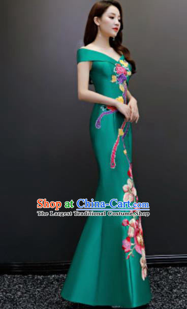 Top Compere Embroidered Green Flat Shoulder Full Dress Evening Party Costume for Women