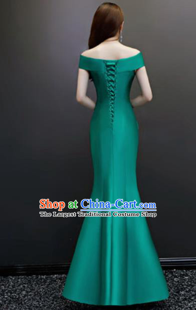 Top Compere Embroidered Green Flat Shoulder Full Dress Evening Party Costume for Women