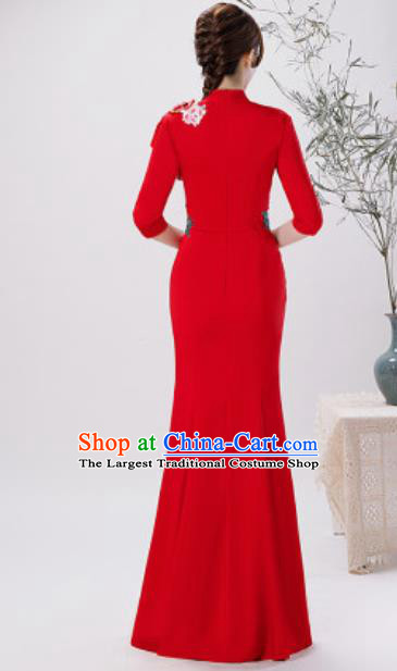 Chinese Compere National Embroidered Peony Red Qipao Dress Traditional Cheongsam Costume for Women