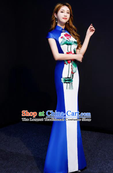 Chinese National Embroidered Lotus Qipao Dress Traditional Compere Cheongsam Costume for Women