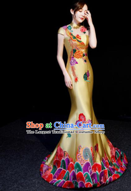 Chinese National Embroidered Phoenix Trailing Golden Qipao Dress Traditional Compere Cheongsam Costume for Women