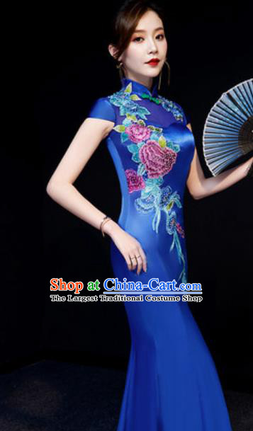 Chinese National Embroidered Peony Royalblue Qipao Dress Traditional Compere Cheongsam Costume for Women