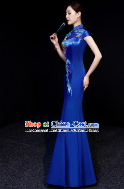 Chinese National Embroidered Peony Royalblue Qipao Dress Traditional Compere Cheongsam Costume for Women