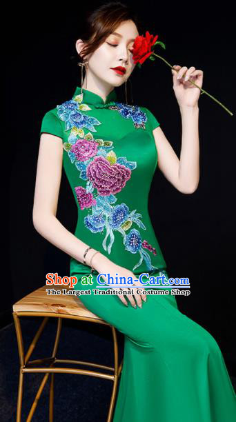 Chinese National Embroidered Peony Green Qipao Dress Traditional Compere Cheongsam Costume for Women