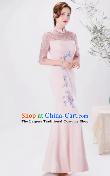 Chinese Compere National Embroidered Pink Qipao Dress Traditional Cheongsam Costume for Women