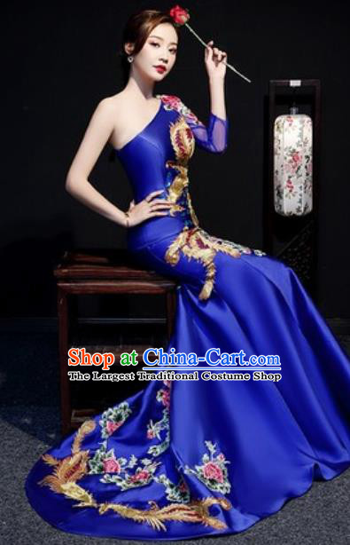 Chinese Compere National Embroidered Phoenix Peony Royalblue Full Dress Traditional Cheongsam Costume for Women