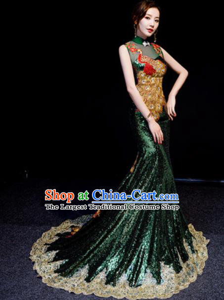 Chinese National Embroidered Peacock Atrovirens Trailing Qipao Dress Traditional Compere Cheongsam Costume for Women