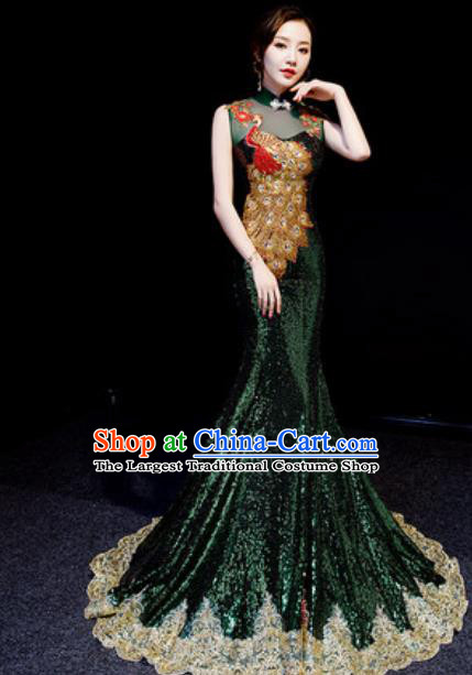 Chinese National Embroidered Peacock Atrovirens Trailing Qipao Dress Traditional Compere Cheongsam Costume for Women