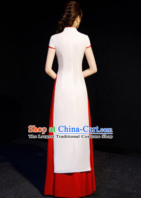 Chinese Spring Festival Gala Embroidered Red Peach Blossom Qipao Dress Traditional Compere Cheongsam Costume for Women