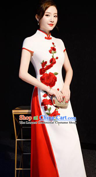 Chinese Spring Festival Gala Embroidered Red Peach Blossom Qipao Dress Traditional Compere Cheongsam Costume for Women