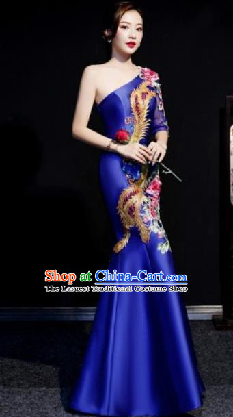 Chinese Compere National Embroidered Phoenix Peony Royalblue Fishtail Full Dress Traditional Cheongsam Costume for Women
