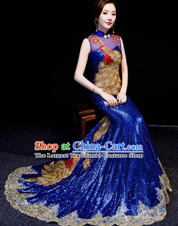 Chinese Spring Festival Gala Embroidered Peacock Royalblue Trailing Qipao Dress Traditional Compere Cheongsam Costume for Women