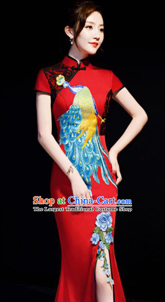 Chinese Traditional Embroidered Peacock Red Qipao Dress Spring Festival Gala Compere Cheongsam Costume for Women