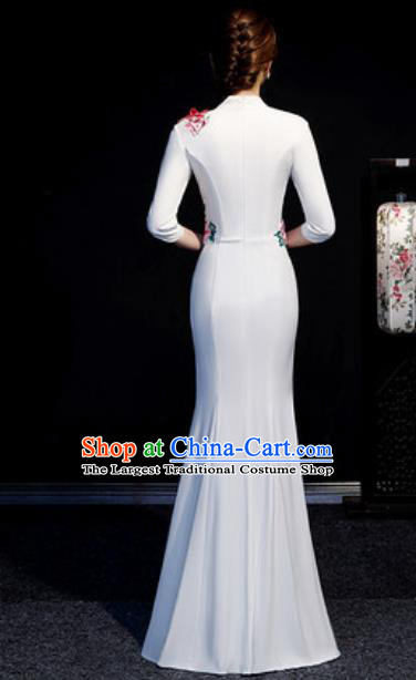 Chinese Compere National Embroidered Peony White Full Dress Traditional Cheongsam Costume for Women