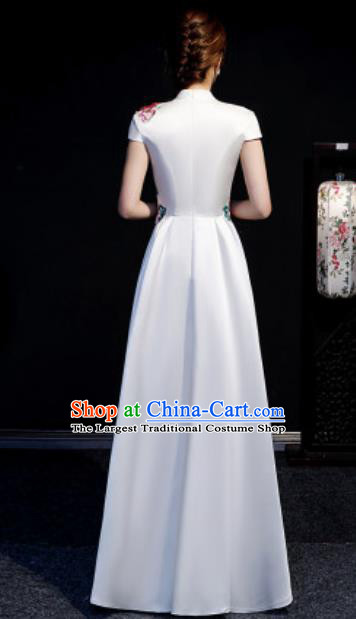 Chinese Compere Embroidered Peony White Full Dress Traditional National Cheongsam Costume for Women