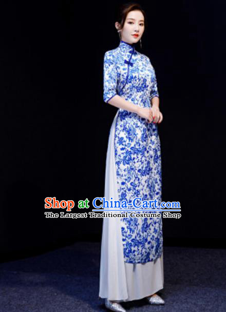 Chinese National Printing Blue Qipao Dress Traditional Compere Cheongsam Costume for Women