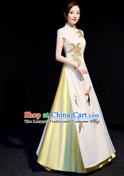 Chinese National Embroidered Birds White Qipao Dress Traditional Compere Cheongsam Costume for Women
