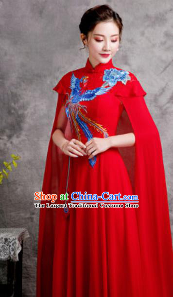 Chinese Compere Embroidered Phoenix Red Trailing Full Dress Traditional National Cheongsam Costume for Women