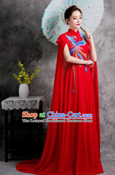Chinese Compere Embroidered Phoenix Red Trailing Full Dress Traditional National Cheongsam Costume for Women