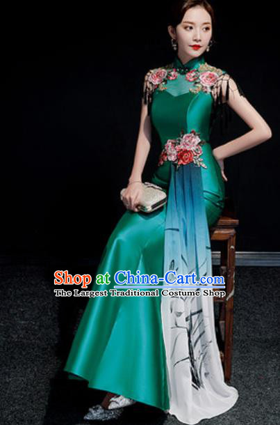 Chinese National Embroidered Green Qipao Dress Traditional Compere Cheongsam Costume for Women