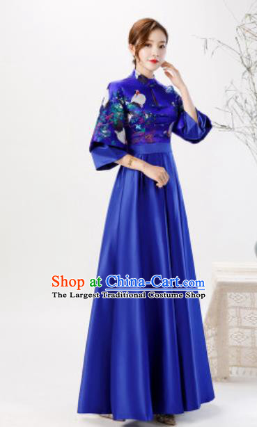 Chinese Compere Embroidered Royalblue Brocade Full Dress Traditional National Cheongsam Chorus Costume for Women
