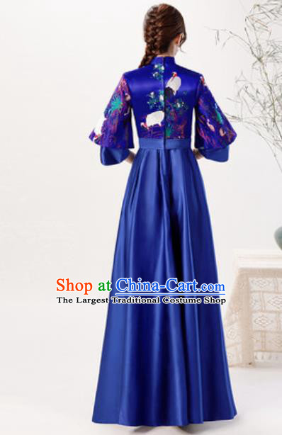 Chinese Compere Embroidered Royalblue Brocade Full Dress Traditional National Cheongsam Chorus Costume for Women