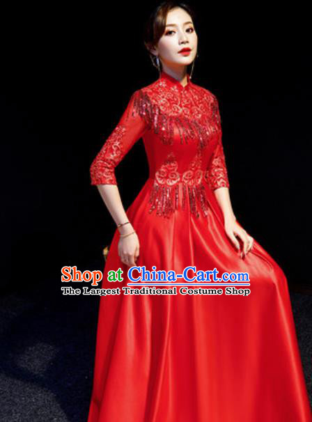 Chinese Chorus Red Tassel Full Dress Traditional National Compere Cheongsam Costume for Women