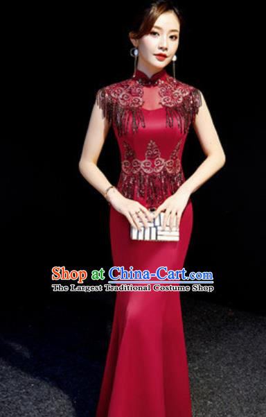 Chinese Chorus Wine Red Tassel Full Dress Traditional National Compere Cheongsam Costume for Women