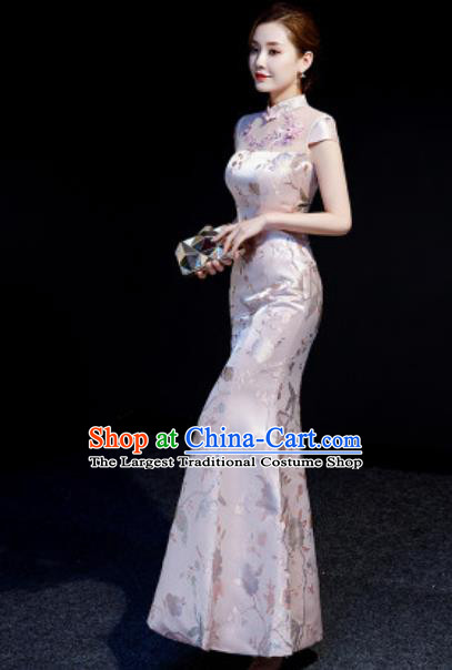 Chinese Chorus Pink Fishtail Full Dress Traditional National Compere Cheongsam Costume for Women