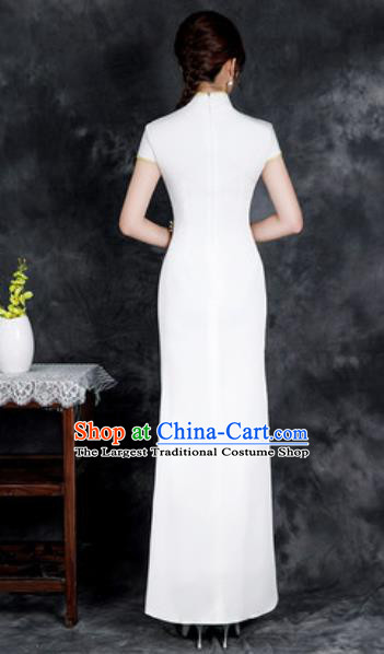Chinese Chorus White Full Dress Traditional National Compere Cheongsam Costume for Women
