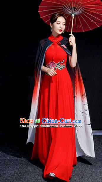 Chinese National Classical Dance Embroidered Red Qipao Dress Traditional Compere Cheongsam Costume for Women