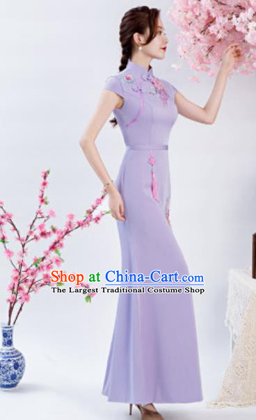 Chinese Chorus Embroidered Peony Lilac Qipao Dress Traditional National Compere Cheongsam Costume for Women