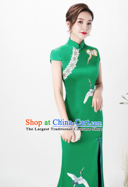 Chinese Chorus Green Full Dress Traditional National Compere Cheongsam Costume for Women