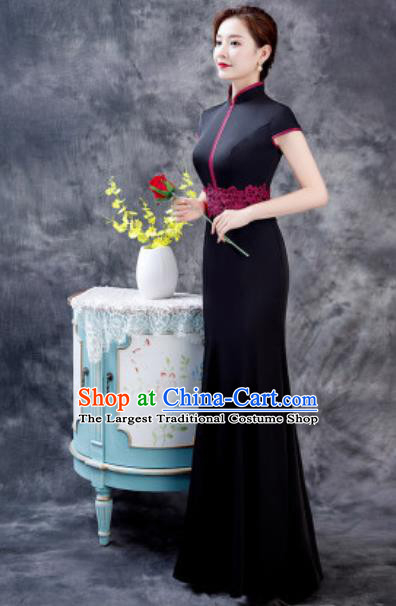 Chinese Chorus Black Full Dress Traditional National Compere Cheongsam Costume for Women