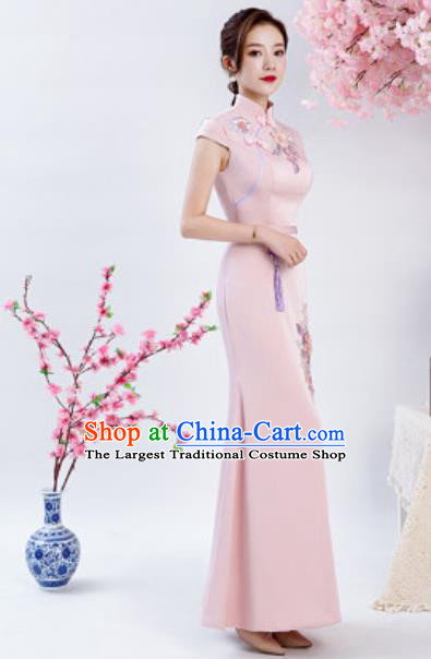 Chinese Chorus Embroidered Peony Pink Qipao Dress Traditional National Compere Cheongsam Costume for Women